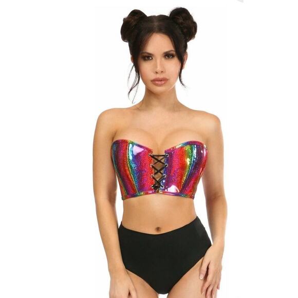 🦋B2G1🦋DAISY CORSETS Lavish Rainbow Glitter PVC Lace-Up Bustier Top - Picture 1 of 6